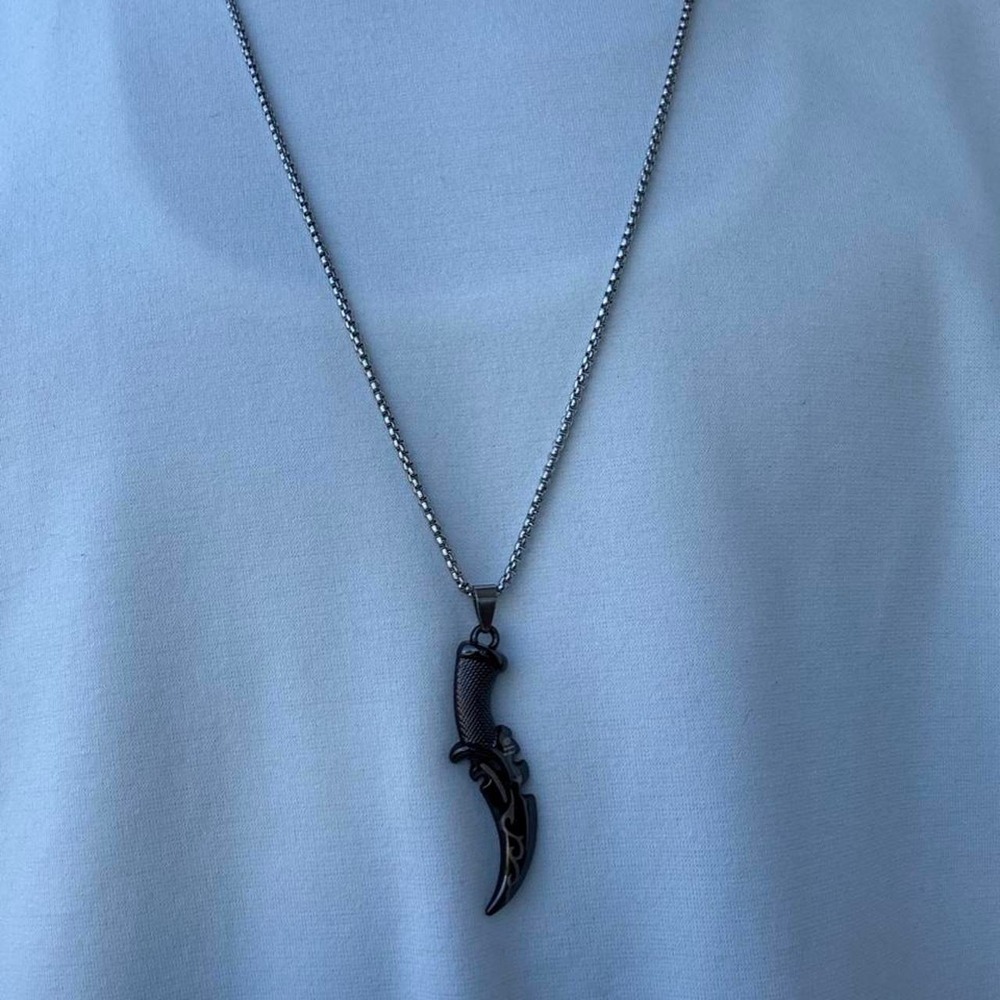 Dark Silver Sword Pendant Necklace Mens Curved Dagger Tribal Gothic 24in Chain